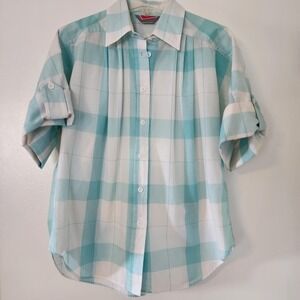 M Vintage White and Light Blue Plaid Honors Button Up Short Sleeve Top